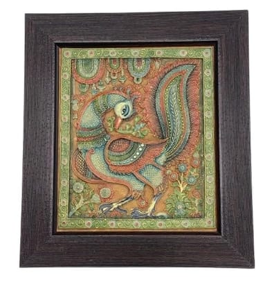 Framed Kerala Mural Art, Traditional Indian Peacock Painting, Green and Orange, Decorative Wall Decor Size - 28 * 26 cm