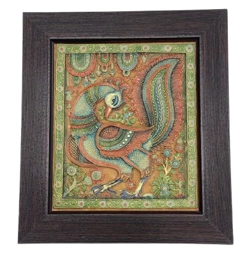 Framed Kerala Mural Art, Traditional Indian Peacock Painting, Green and Orange, Decorative Wall Decor Size - 28 * 26 cm
