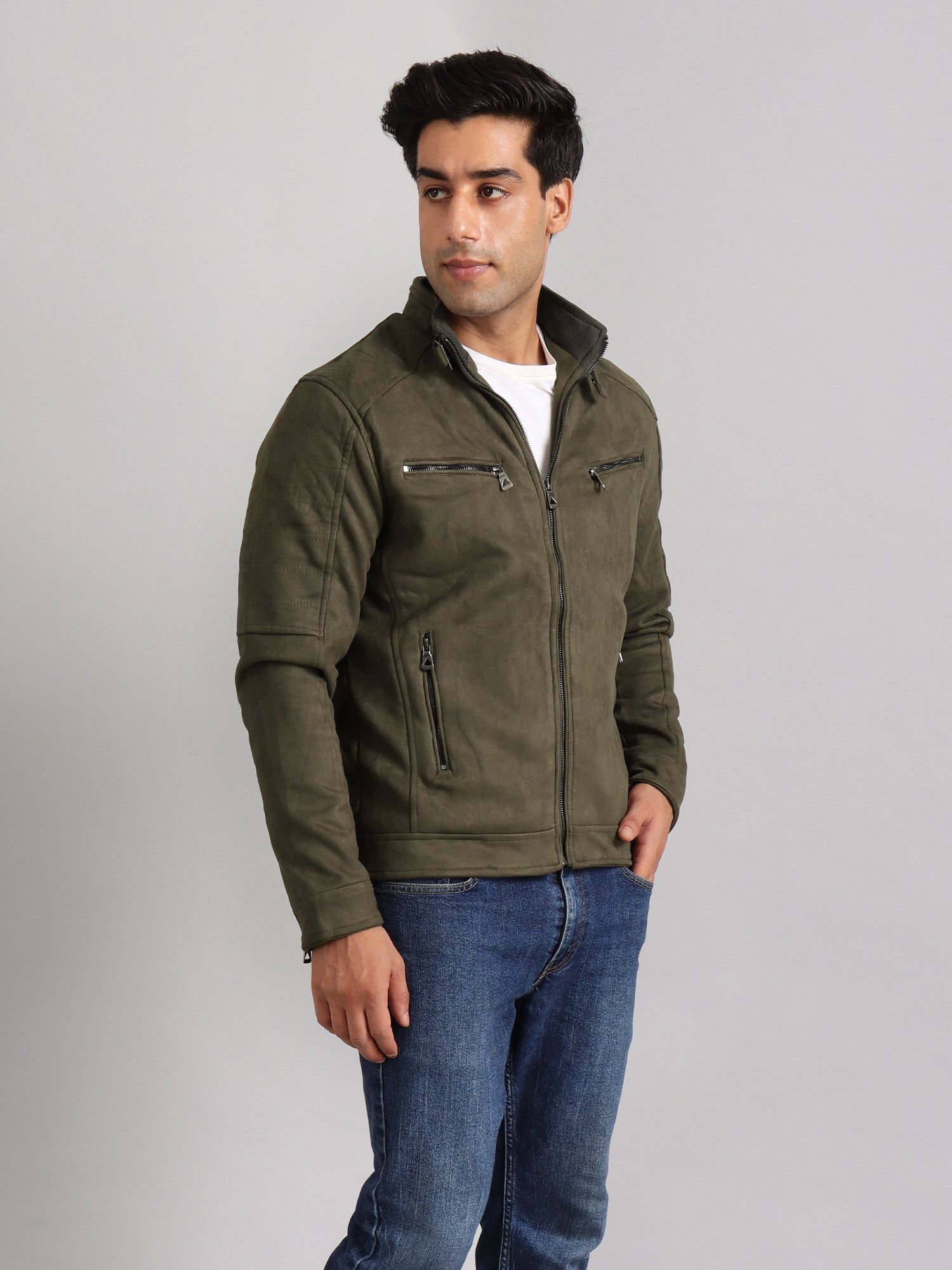 Suede Men's Winter Jacket-Green / XL