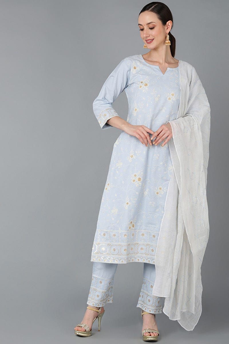 Light Blue Cotton Embroidered Ethnic Straight Kurta Pant With Dupatta PKSKD1647