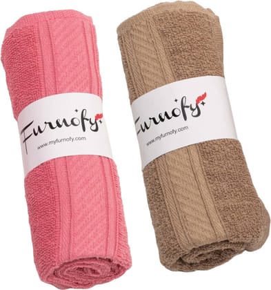 Furnofy Cotton 450 GSM Hand Towel Set Pink, Beige (Pack Of 2)