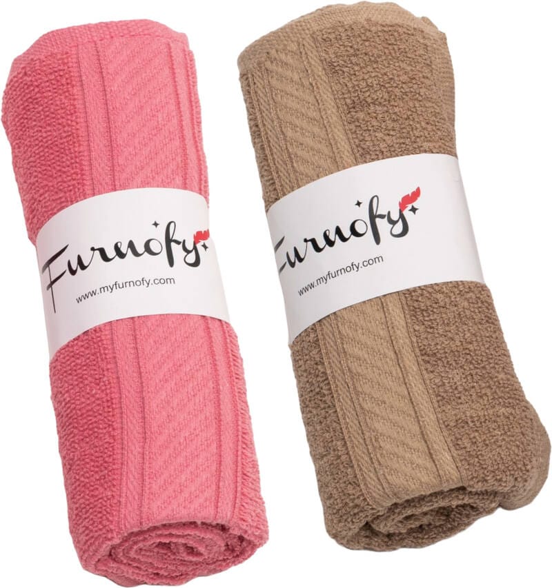 Furnofy Cotton 450 GSM Hand Towel Set Pink, Beige (Pack Of 2)