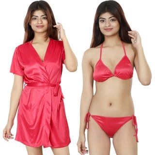Nivcy Women Solid Satin Nightwear Robe and Lingerie Set True Red Small