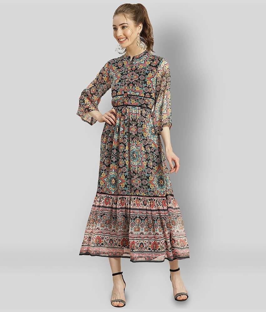 Juniper Women Chiffon Printed Fit & Flare Dress ( Multicolor )