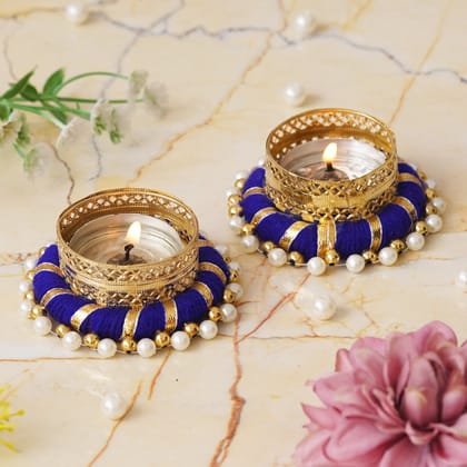eCraftIndia Golden and Blue Decorative Tea Light Candle Holders (Set of 2)