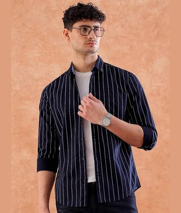 HARDSODA 100% Cotton Regular Fit Striped Full Sleeves Mens Casual Shirt - Navy Blue ( Pack of 1 ) - None