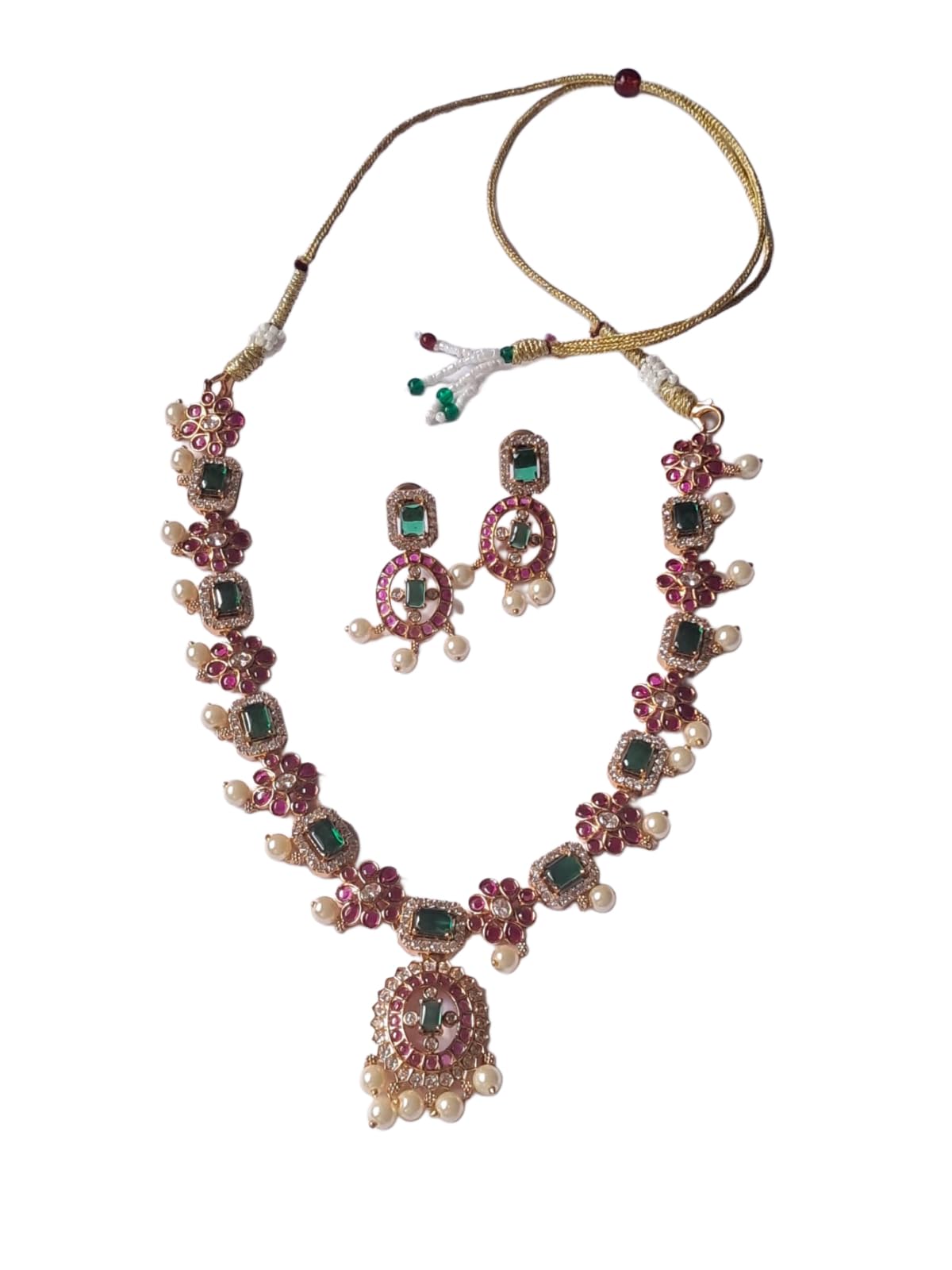 ANVAYACOLLECTIONS Traditional Indian Jewellery Necklace and Earrings Set for Women, Gold Tone with Green and Ruby Stones, Pearl Drops