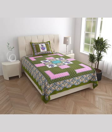 ABHACLOTHO Green Cotton 1 Single Bedsheet with 1 Pillow Cover ( 215 cm x 150 cm )
