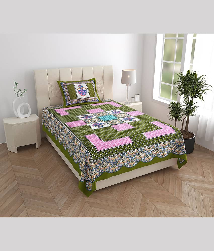 ABHACLOTHO Green Cotton 1 Single Bedsheet with 1 Pillow Cover ( 215 cm x 150 cm )