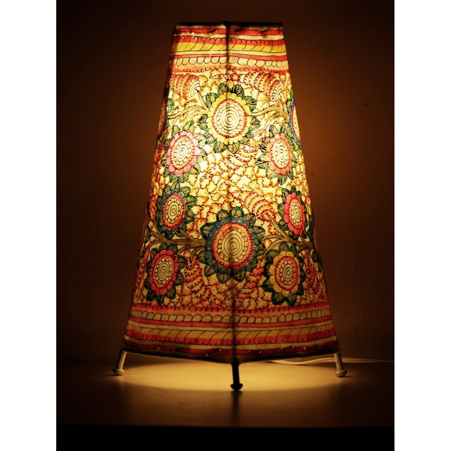 Joyful Flower Kalamkari Handpainted Standing Round Leather Lamp -13 Inch