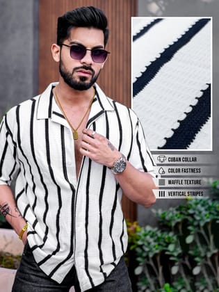 Popcorn Knit Vertical Stripe White Half Sleeve Shirt-S / White