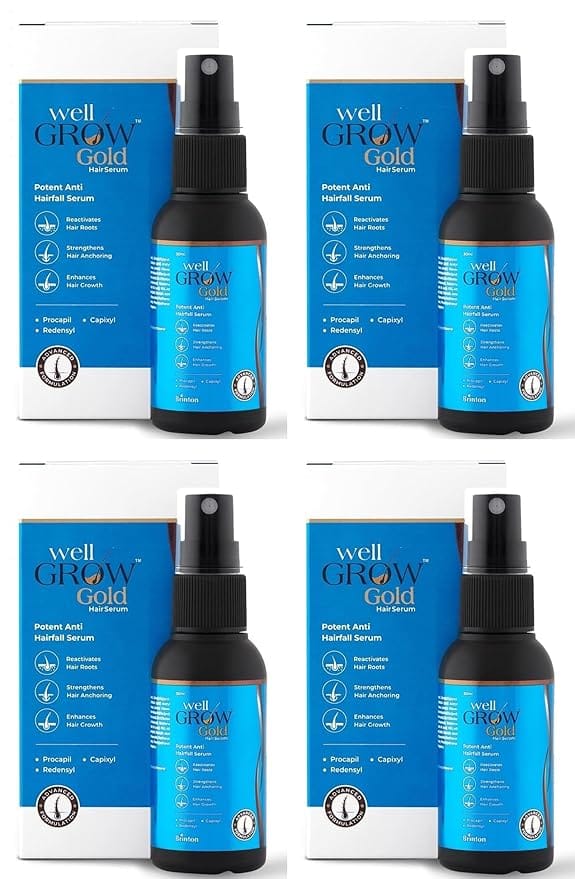 Brinton WellGrow Gold Hair Growth Serum with Redensyl Capixyl & Procapil for Hair Fall Control & Repair | Strengthens & Enhances Hair Growth 30 ml x Pack of 4