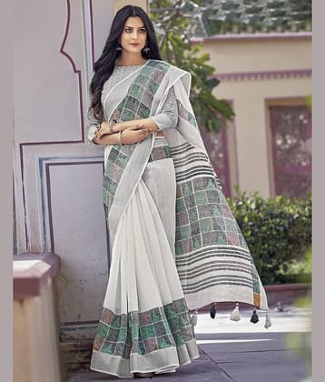 Satrani Cotton Blend Printed Saree With Unstitched Blouse Piece ( White )