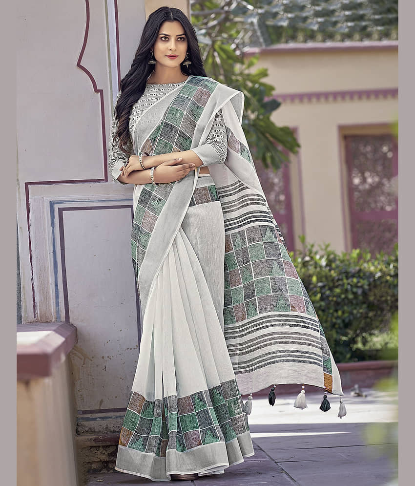 Satrani Cotton Blend Printed Saree With Unstitched Blouse Piece ( White )