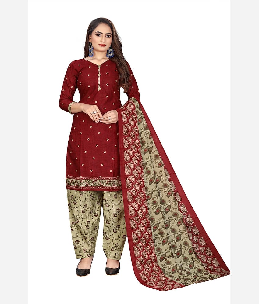 Rajnandini Women Cotton Blend Printed Straight Kurti With Patiala Salwar ( Maroon )
