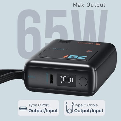 Portronics Aqua 65W 20000 mAh Fast Charging Power Bank with Built-in Type-C Cable, PD Type-C Input & Output, LED Digital Display, Dual Device Charging, Compatible with Laptops, MacBook, iPhone All Series, Android Phones & Tablets (Random Color) Portronics Aqua 65W 20000 mAh Fast Charging Power Bank with Built-in Type-C Cable, PD Type-C Input & Output, LED Digital Display, Dual Device Charging, Compatible with Laptops, MacBook, iPhone All Series, Android Phones & Tablets (Random Color)