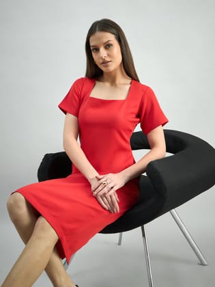Women Hot-Red Square-Neck Stretchable Midi Dress-XS