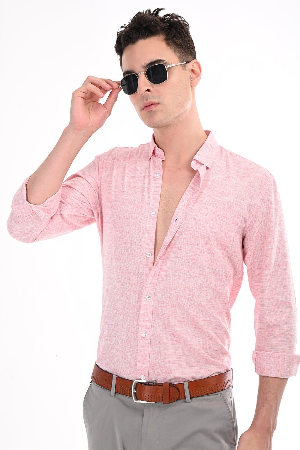 Light Red Linen Semi Formal Shirt-M