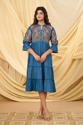 Chic Blue Dress with Beautiful Handcrafted Embroidery-BLUE / XL