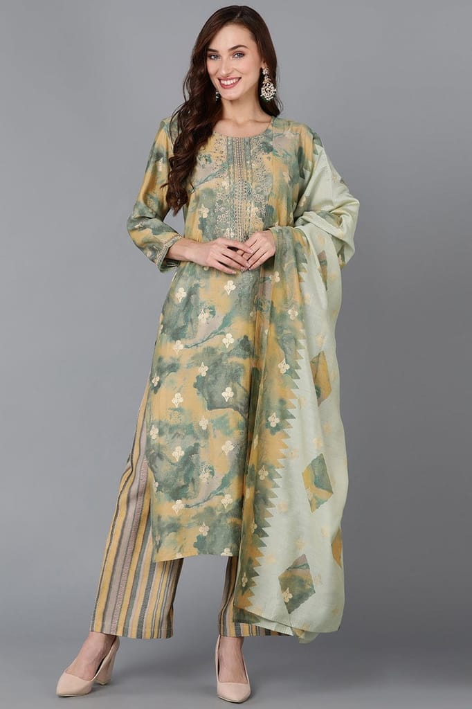 Yellow Silk Blend Straight Kurta Palazzo With Dupatta PKSKD1856 - Kurtas & Kurta Sets | Buy online on ZillyBuy