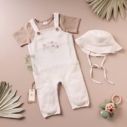 Poshaak Baby Dungree Set-Beige & Brown / 6-9 months without Hat
