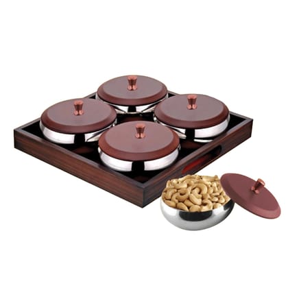 POGON Snack Serving Set, Snacks and Dry Fruit Serving Bowls with Wooden Tray Square, Brown, (Pack of 9)