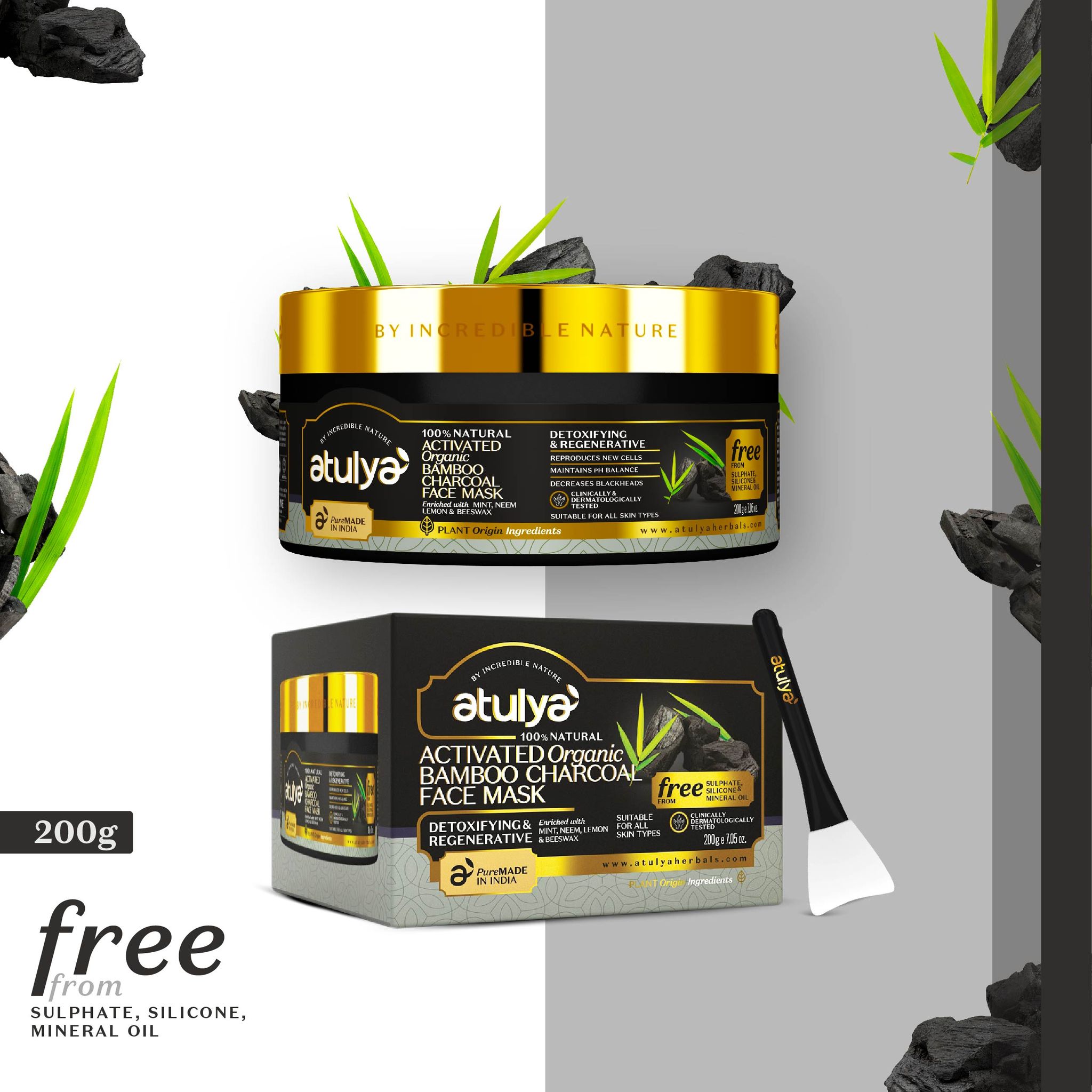 Atulya Activated Organic Bamboo Charcoal Face Mask | Detoxifying - 200g