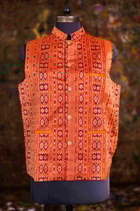 The Artisan's Pride: Handwoven Sonpuri Ikat Nehru Jacket in Rust
