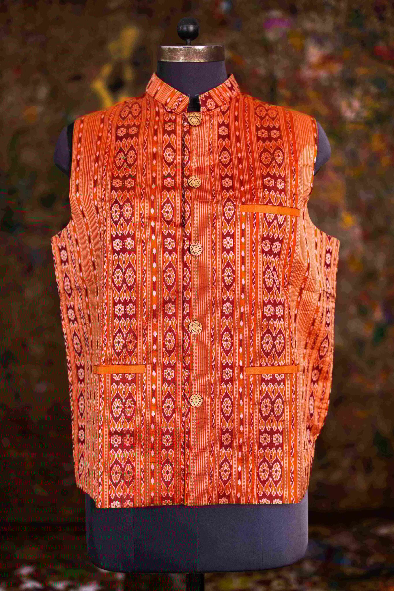 The Artisan's Pride: Handwoven Sonpuri Ikat Nehru Jacket in Rust