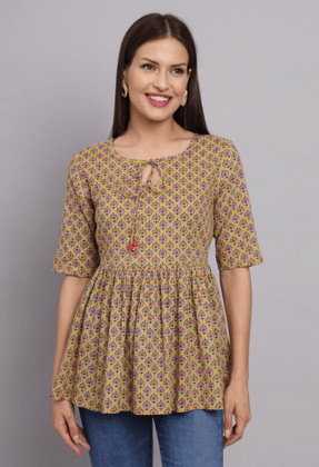Women Printed Cotton Keyhole Neck Top-XS