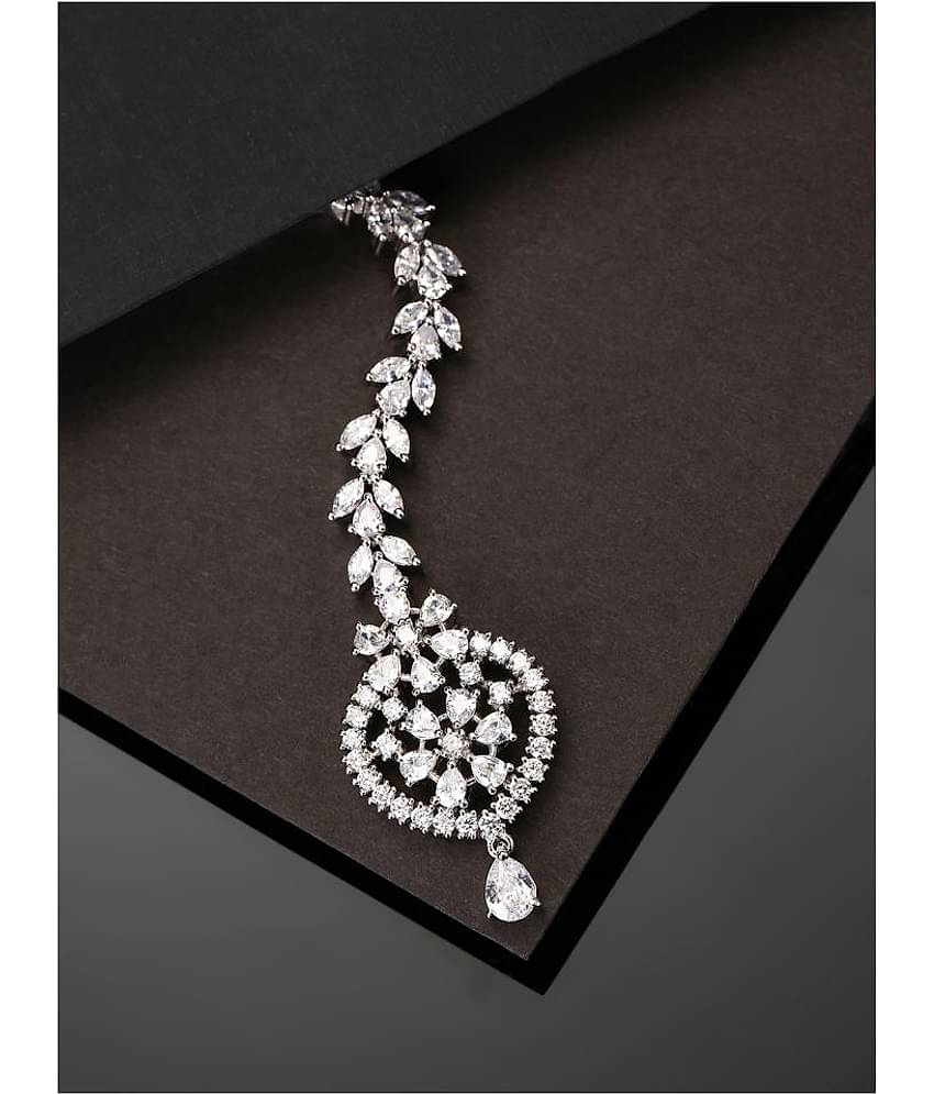 Priyaasi Beautiful American Diamond Silver Plated Maang Tika for Women and Girls