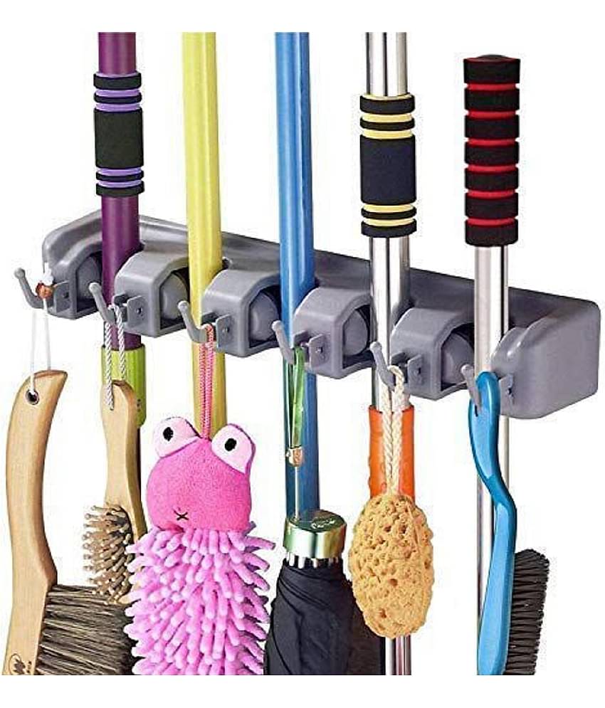 RAMDEV ENTERPRISE Mop,Wiper & Broom Holder, 5 Slot Position with 6 Hooks Storage Holder Wall Mounted, Plastic, Multicolour.