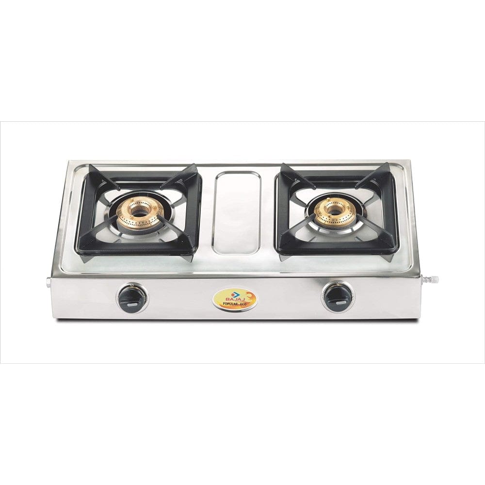 Bajaj Popular Eco 2-Burner Gas Stove - ISI Certified, Stainless Steel, Silver & Black