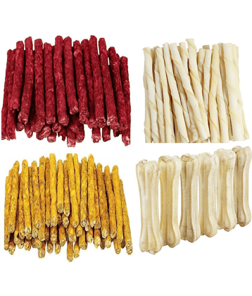 Smart Doggie Combo of Chicken Munchies 250 g , Mutton Munchies 250 g , White Stick 250 g and 3 inch Bone 250 g .