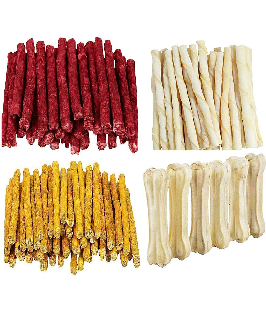 Smart Doggie Combo of Chicken Munchies 250 g , Mutton Munchies 250 g , White Stick 250 g and 3 inch Bone 250 g .