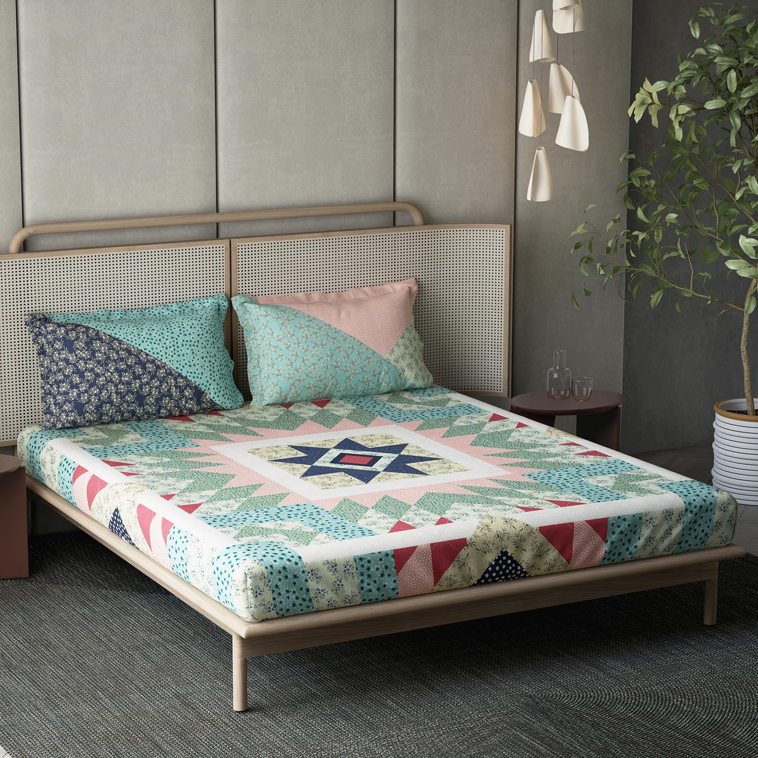 DDECOR - Countryside Collection 100% Cotton Ethnic Pattern 136TC Super King |274 CM X 274 CM| with 2 Pillow Covers - Green