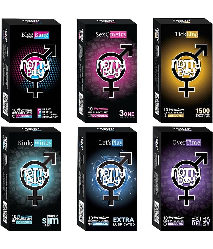 NottyBoy Assorted Pack 4 IN 1 & 3 IN 1, Ribbed, 1500 Dots, Contour, Long Time, Ultra Thin, Extra Lubricated Condoms For Men -  60 Units
