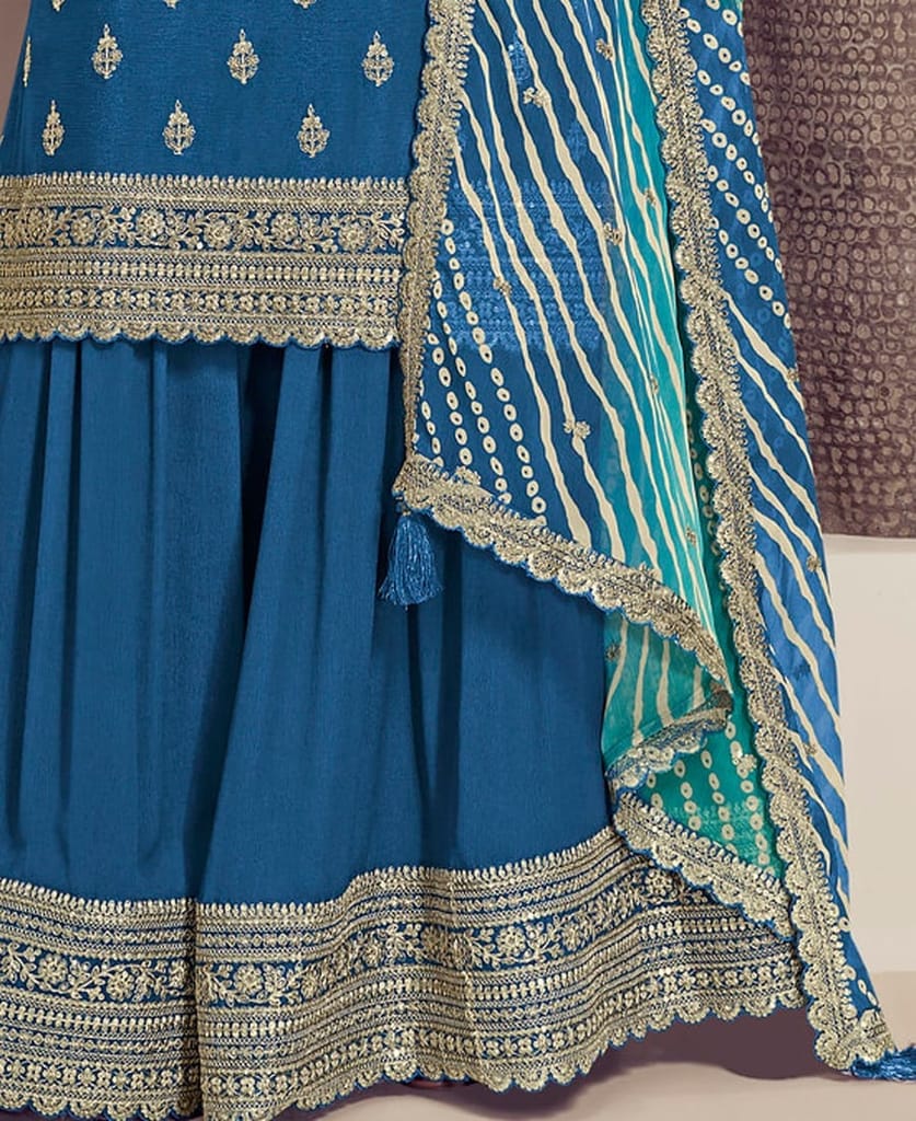 designer blue chinon straight suit for women ethnic wear