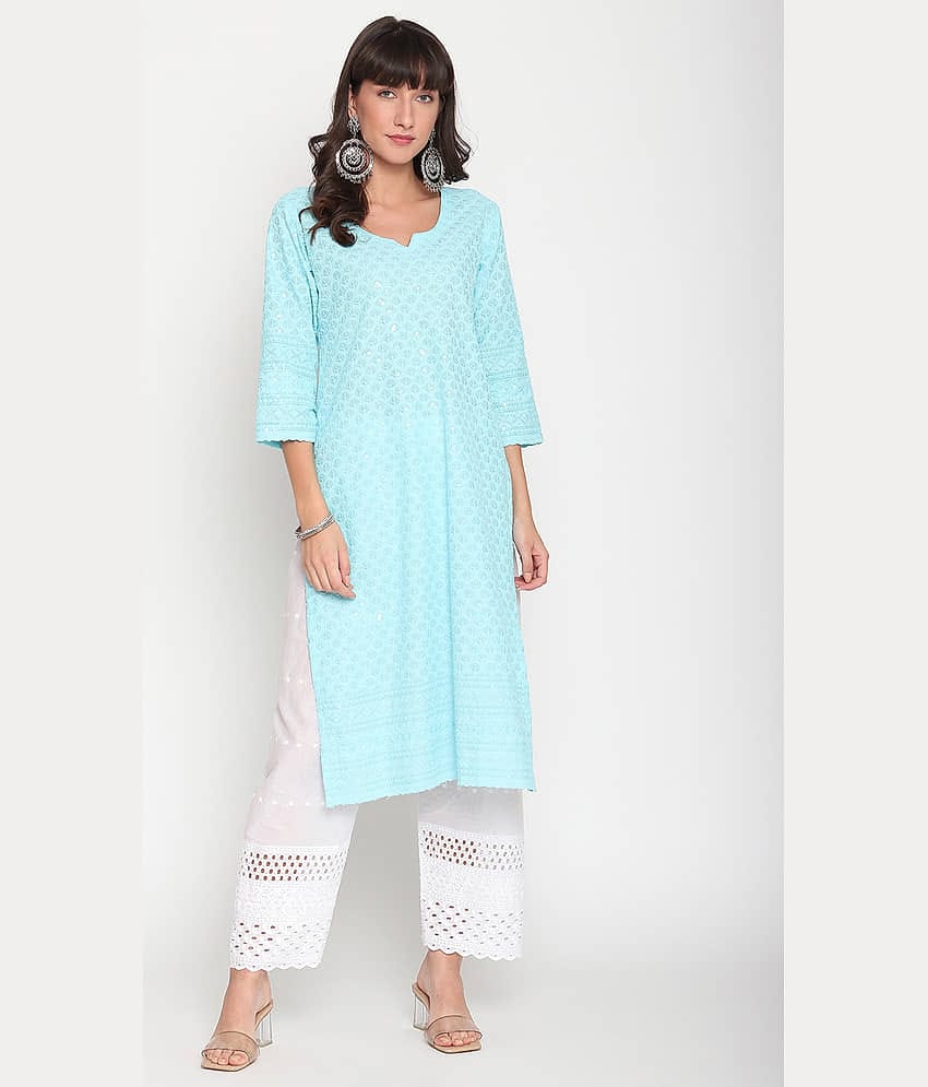 Queenley - Blue Cotton Women's Straight Kurti ( Pack of 1 )