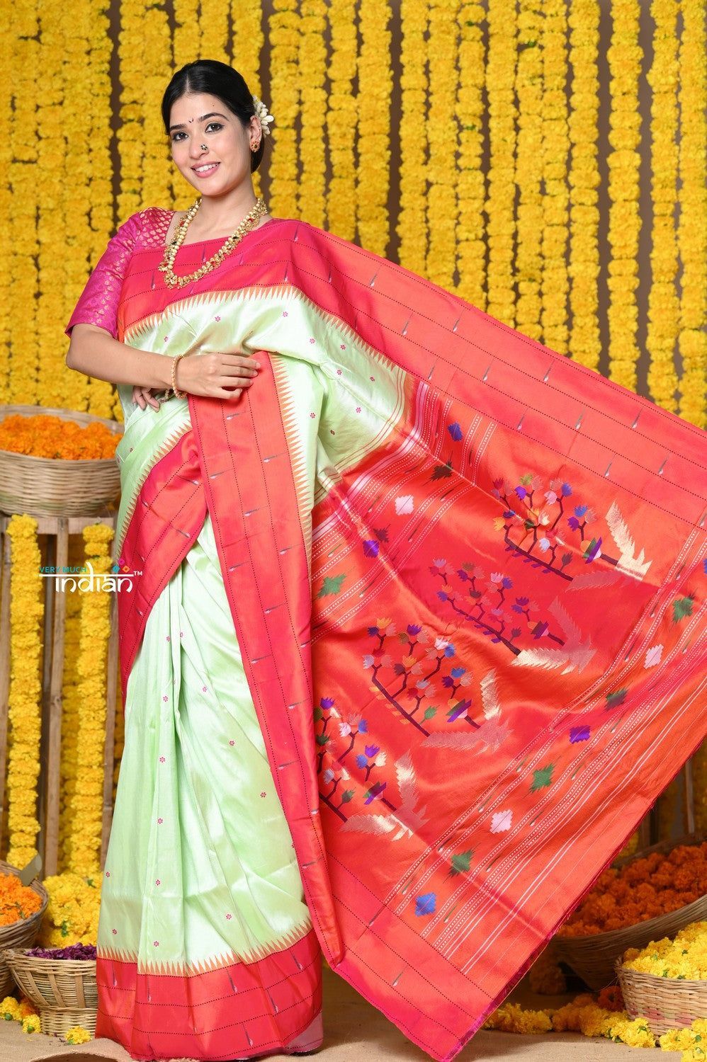 Designed by VMi! Handloom Triple Muniya Border Saree With Heritage Asawali  Pallu in Light Green (Top Quality Silk) Woven by Senior most artist