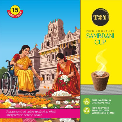 Premium Quality Sambrani Cup | Pure, Natural, Charcoal Free Incense | 100% Recycled Temple Flower | 15 Cups Set of 1 | Tea24 Disability Foundation