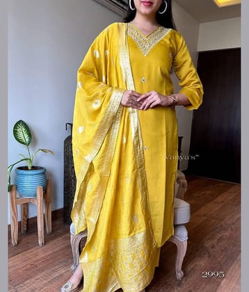 Mahek Fashion Chanderi Silk Embellished Kurti With Pants Women's Stitched Salwar Suit - Yellow ( Pack of 1 )