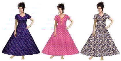 Rossa 100% Pure Cotton Nighty for Ladies Pack of 3 (Assorted Different Colors)-Large
