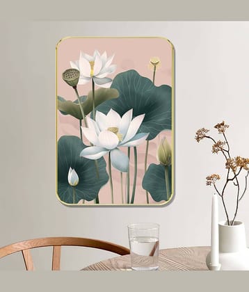 Saf Elegant White Lotus Wall Art | Botanical Floral Painting with Green Leaves & Golden Frame | Large Decorative Wall Hanging for Bedroom Living Room Hallway Meditation Space