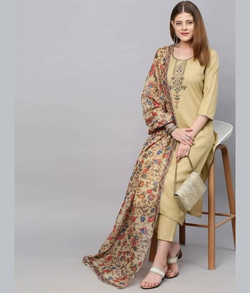 TRAHIMAM Cotton Blend Embroidered Kurti With Pants Women's Stitched Salwar Suit - Beige ( Pack of 1 )