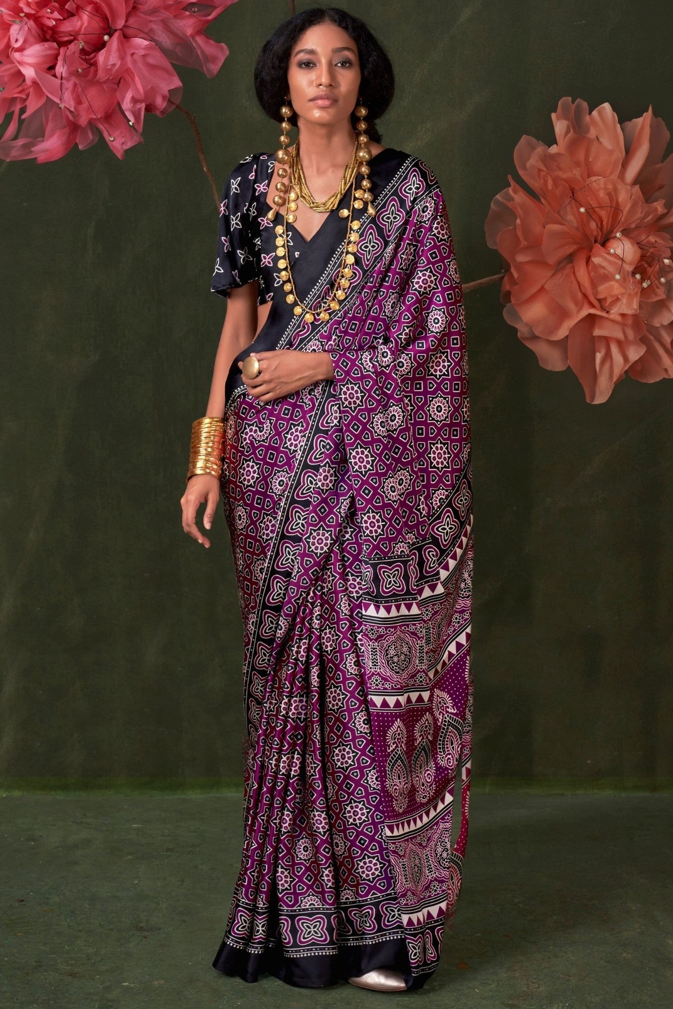 Rebecca Purple Ajrakh Printed Satin Crepe Soft Silk Saree