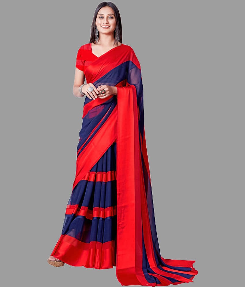 Sanwariya Silks Georgette Striped Saree With Unstitched Blouse Piece ( Red )