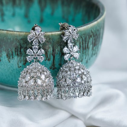 Big American Diamond Rhodium Jhumka-White / Rhodium / Free Size