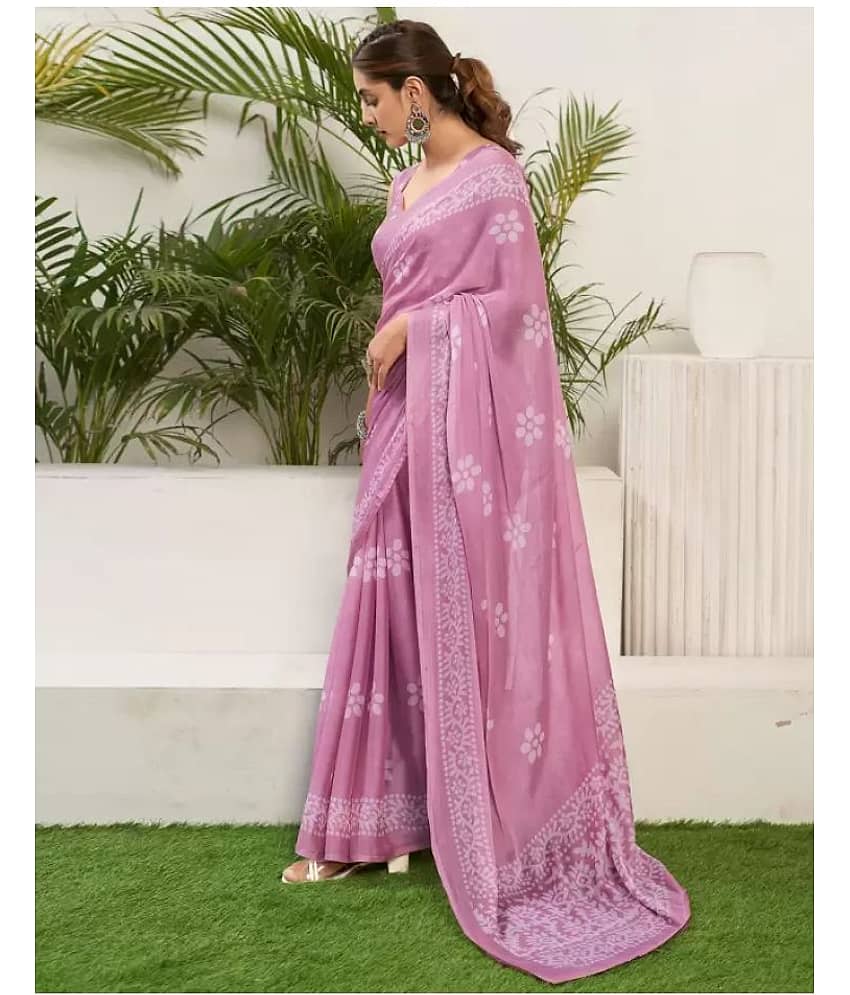 BLEESBURY Chiffon Printed Saree With Unstitched Blouse Piece ( Pink )