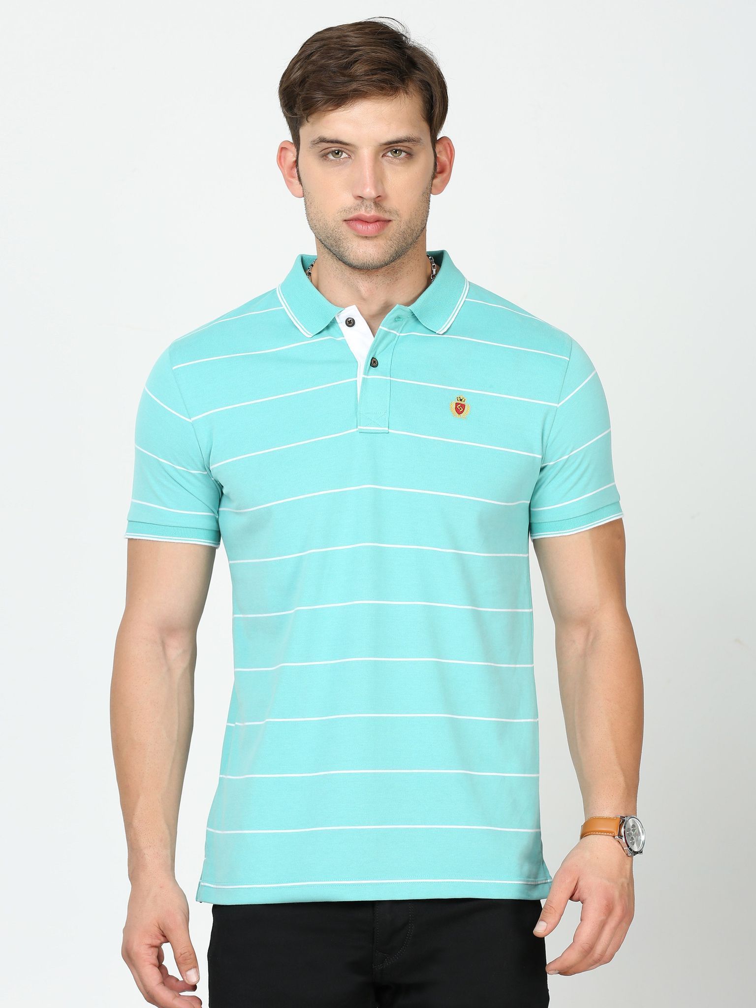 Classic Polo Mens Cotton Half Sleeves Striped Slim Fit Polo Neck Aqua Color T-Shirt | Cpeg - 306 B Sf P